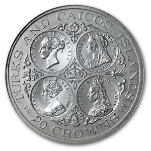 1976 Turks & Caicos Silver 20 Crowns Queen Victoria BU