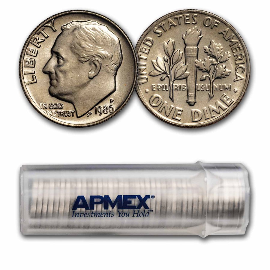 1980-P Roosevelt Dime 50-Coin Roll BU