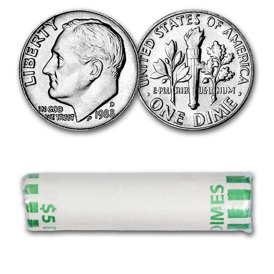 1988-D Roosevelt Dime 50-Coin Roll BU