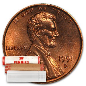 1991-D Lincoln Cent 50-Coin Roll BU