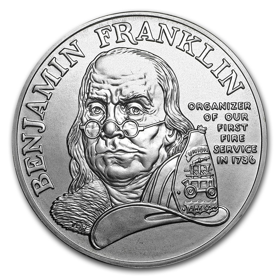 1992 1 oz Silver Ben Franklin Firefighters Medal Commem BU
