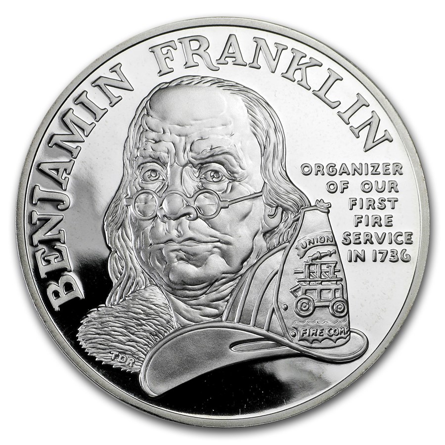 1992 1 oz Silver Ben Franklin Firefighters Medal Proof