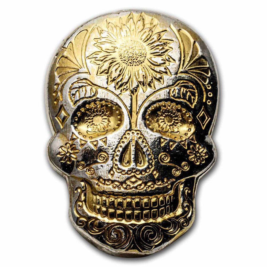 2 oz Hand Poured Silver Skull - Day of the Dead: Gold Sunflower