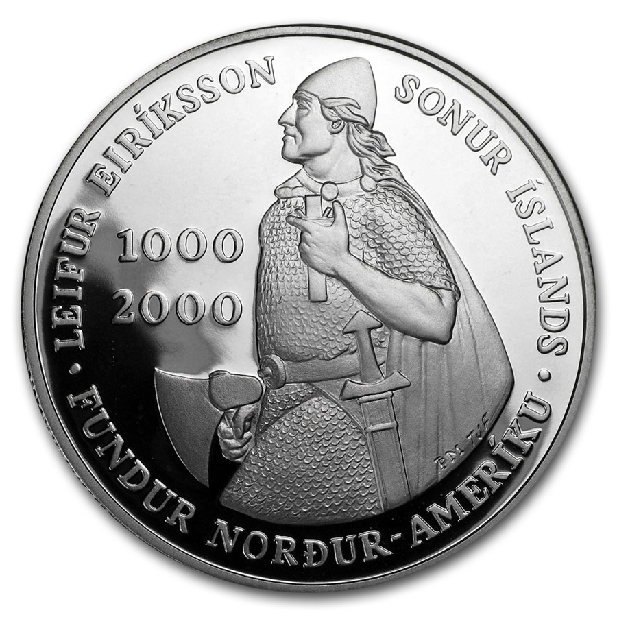 2000 Iceland Leif Ericson 1,000 Kronur Silver Proof (w/Box & COA)