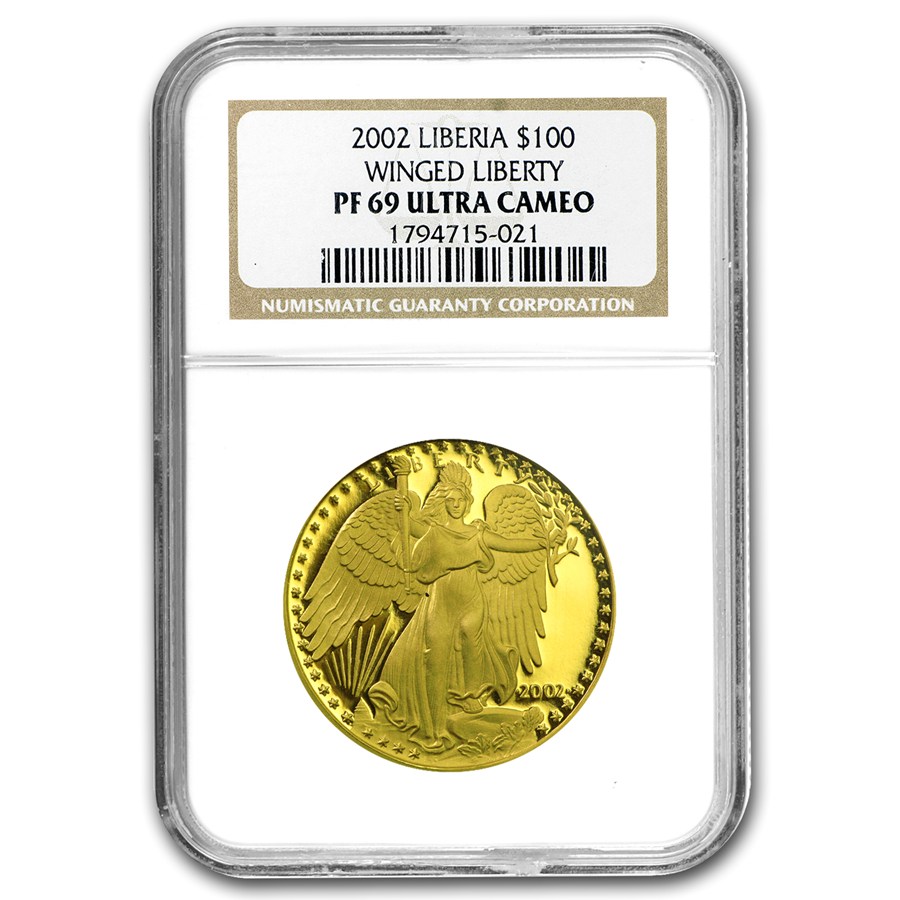 2002 Liberia Proof Gold 100 Dollars Winged Liberty PF-69 NGC