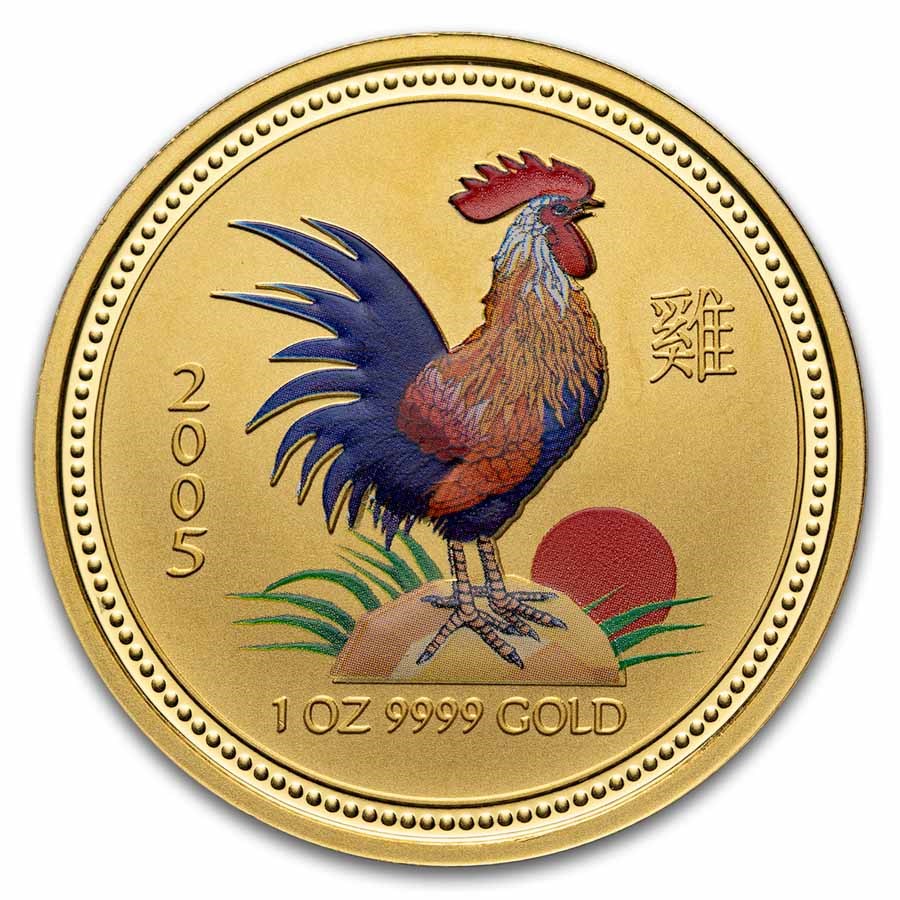 2005 Australia 1 oz Gold Lunar Colorized Rooster BU (Series I)