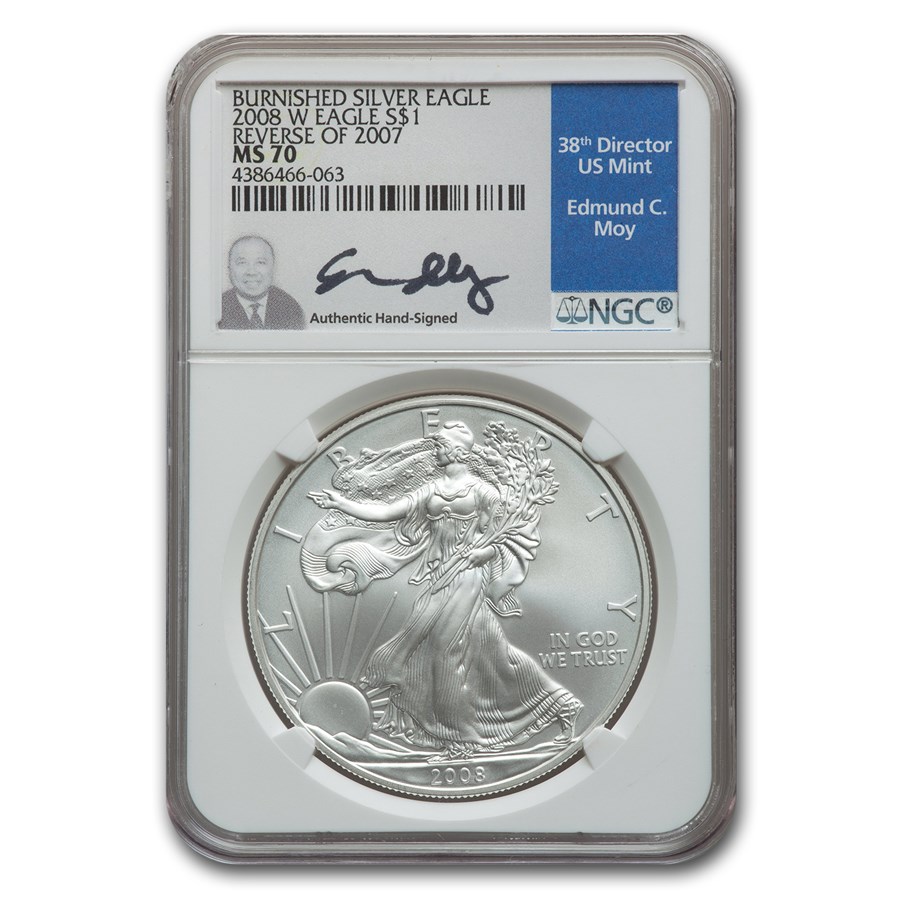 2008-W Burnished American Silver Eagle MS-70 NGC (Rev '07, Moy)