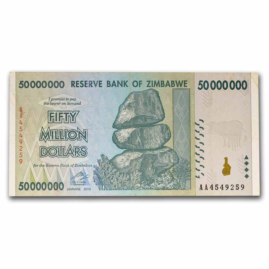 2008 Zimbabwe 50 Million Dollars Water Buffalo Fort Avg Circ