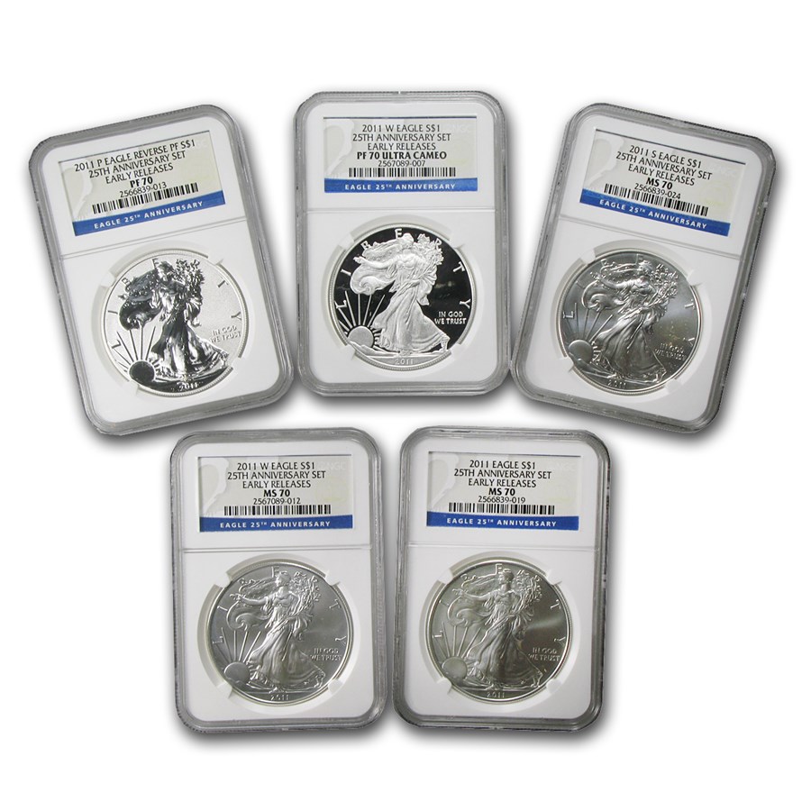 2011 5-Coin Silver Eagle Set MS/PF-70 NGC (ER, 25th Anniv)