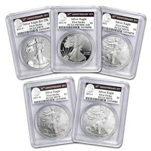 2011 5-Coin Silver Eagle Set MS/PR-70 PCGS (FS, 25th Anniv)