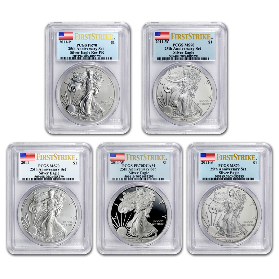 2011 5-Coin Silver Eagle Set MS/PR-70 PCGS (FS, 25th Anniv)