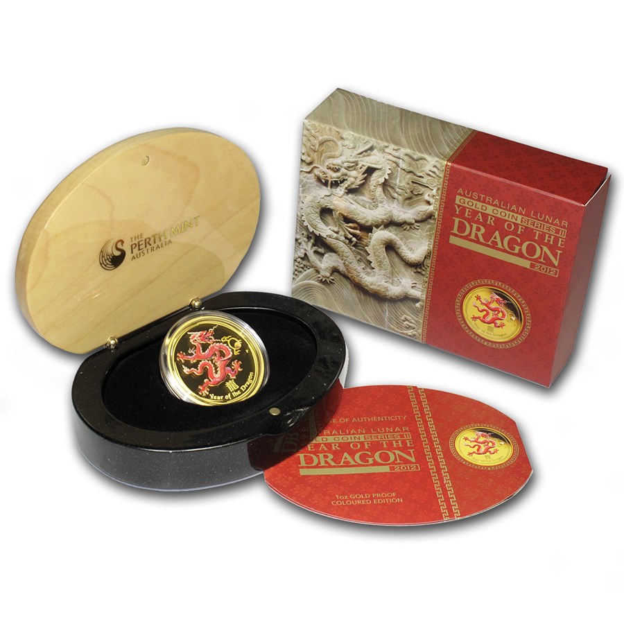 2012 Australia 1 oz Gold Lunar Dragon Pf (Series II, Colorized)