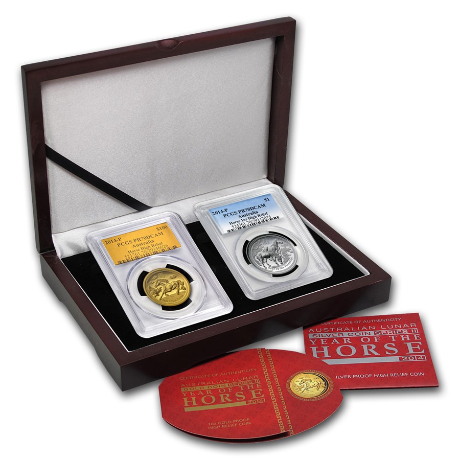 2014 2-Pc 1 oz Gold & Silver High Relief Horse Prf Set PR-70 PCGS