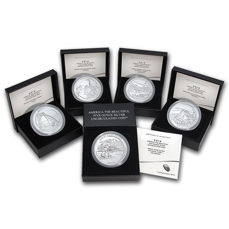 2014-P 5-Coin 5 oz Silver Burnished ATB Set (w/Box & COA)