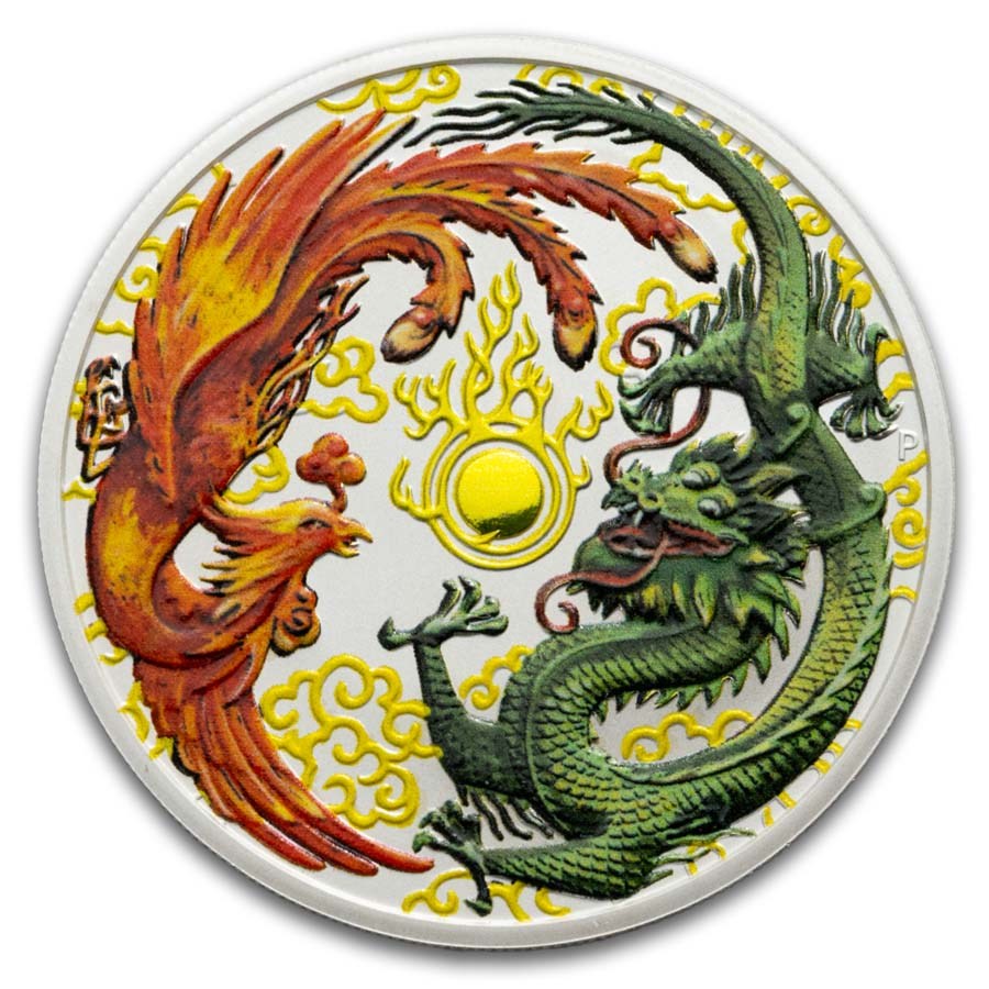 2017 Australia 1 oz Silver Dragon & Phoenix BU - Colored & Gilded