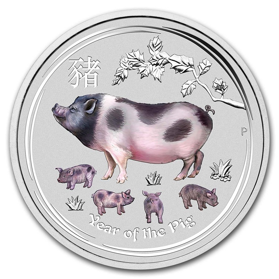 2019 Australia 1 oz Silver Lunar Pig BU (Colorized)