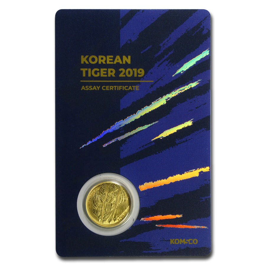 2019 South Korea 1/10 oz Gold Tiger BU (in Blue Assay card)