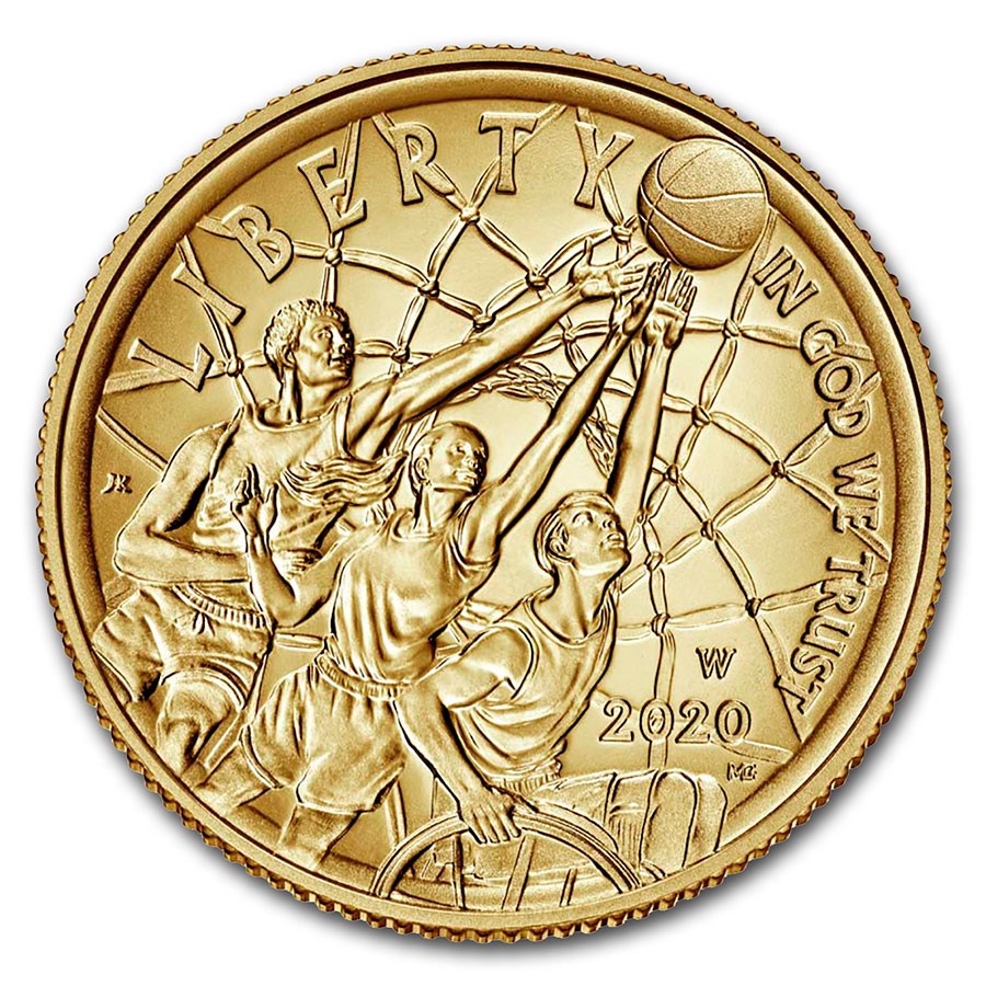 2020-W Gold $5 Basketball Hall of Fame BU (Box & COA)