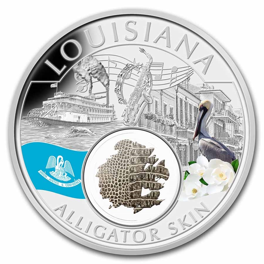 2021 1 oz Ag Treasures of the U.S. Louisiana Alligator Skin Color