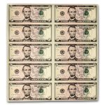 2021 (A-Boston) $5.00 FRN CU (Fr#1999-B) 10 Uncut sheet