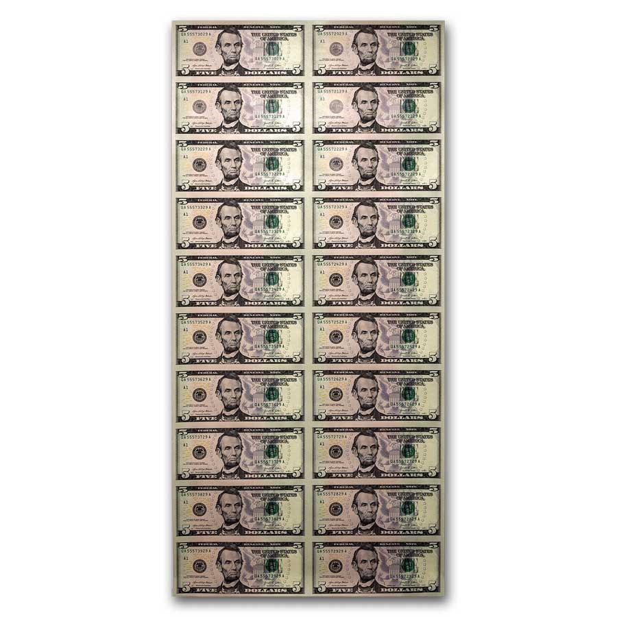 2021 (A-Boston) $5.00 FRN CU (Fr#1999-B) 20 Uncut sheet