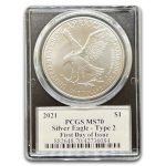 2021 American Silver Eagle (Type 2) MS-70 PCGS (FDI, Damstra)