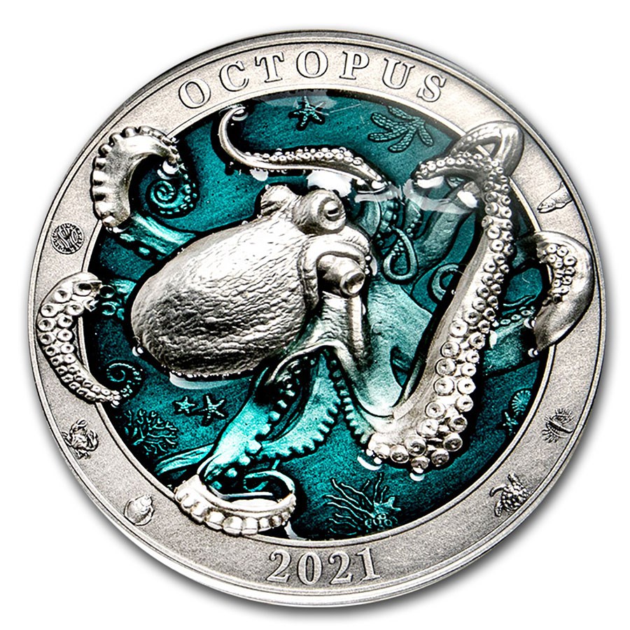 2021 Barbados 3 oz Silver Antique Underwater World (Octopus)