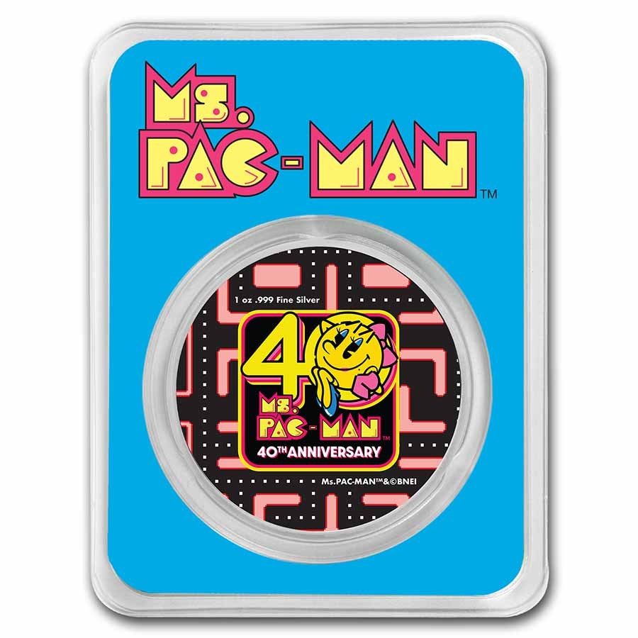 2021 Niue Colorized 1 oz Ag $2 Ms.PAC-MAN™ 40th Anniversary BU