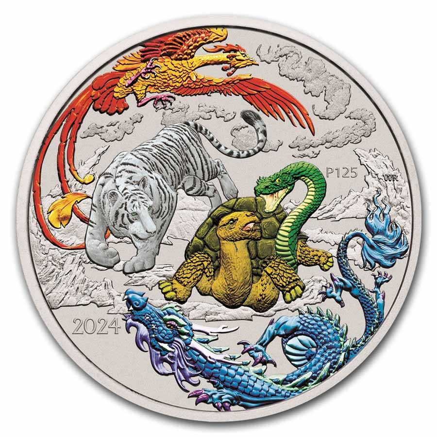 2024 AUS 1 oz Silver Four Guardians Colorized BU Cap, Blue Dragon