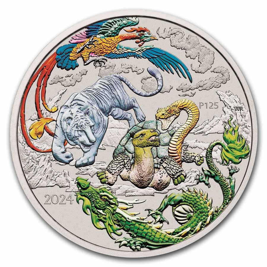 2024 AUS 1 oz Silver Four Guardians Colorized BU Cap Green Dragon