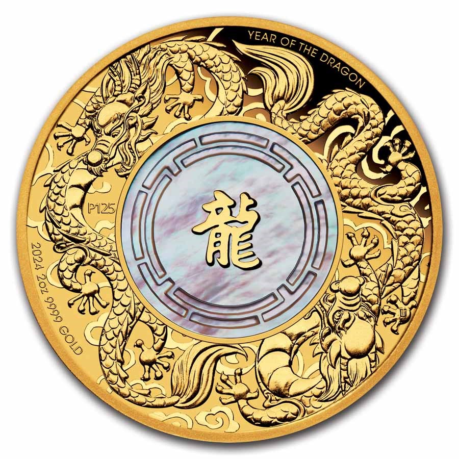 2024 AUS 2 oz Gold Double Dragon with Mother of Pearl PF (Box)
