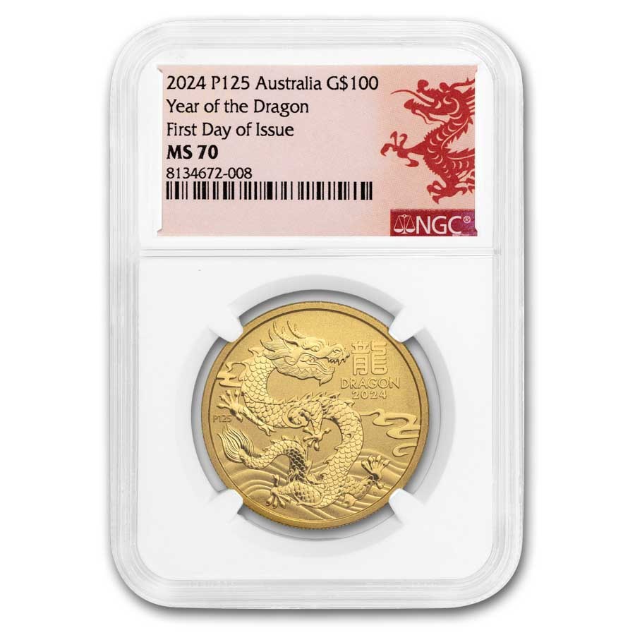 2024 Australia 1 oz Gold Lunar Dragon MS-70 NGC (FDI, Red Label)