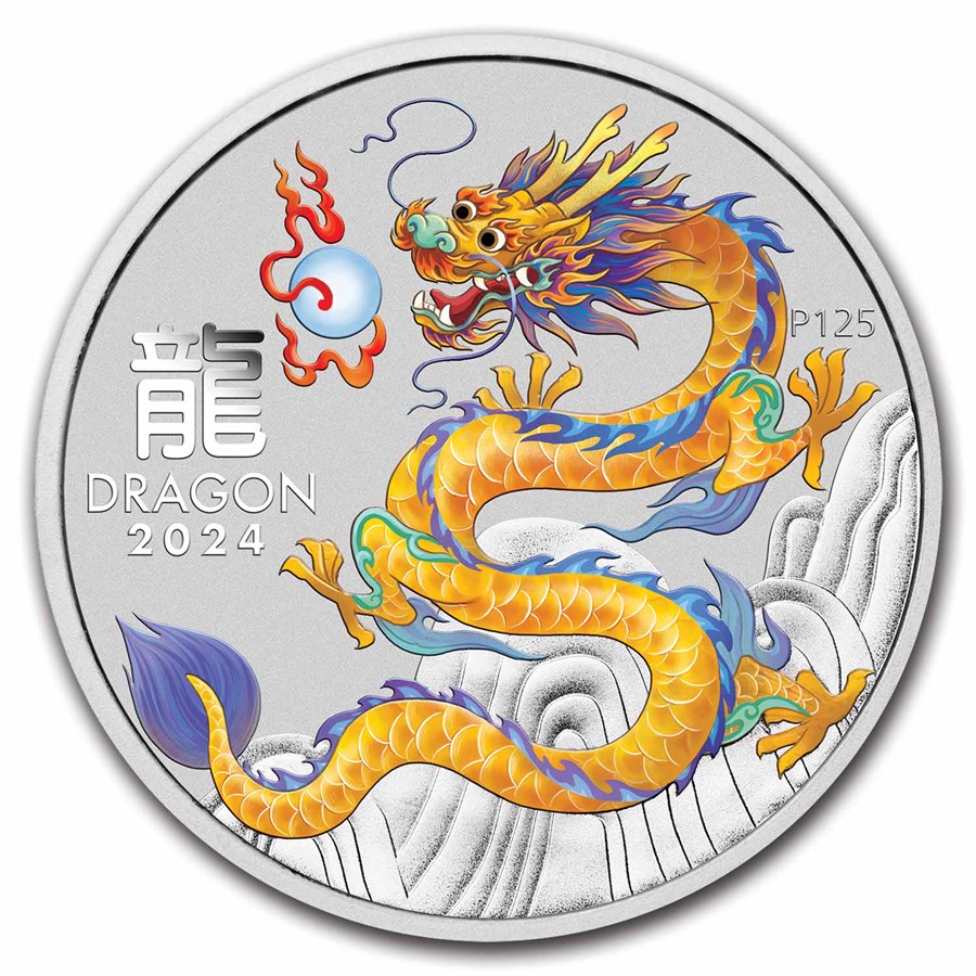 2024 Australia 1 oz Silver Lunar Colorized Yellow Dragon-Capsule