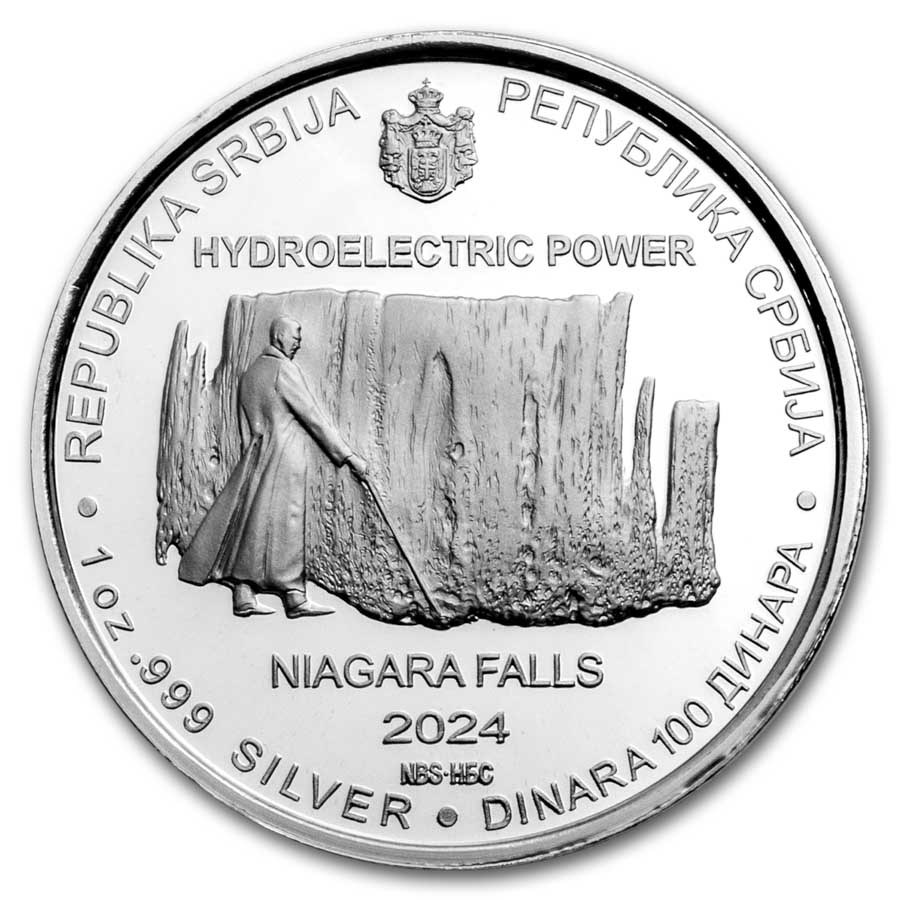 2024 Serbia 1 oz Proof Ag 100 Dinar Tesla: Hydroelectric Power