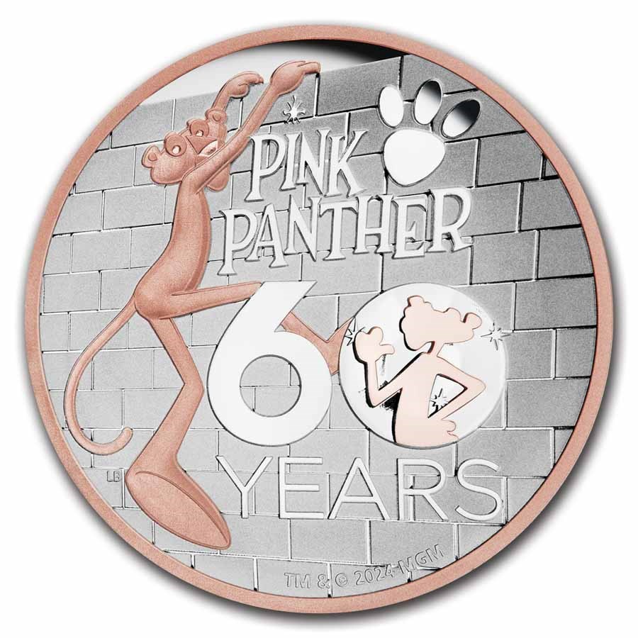 2024 Tuvalu 5 oz Silver Pink Panther 60th Anniversary Gilded Box