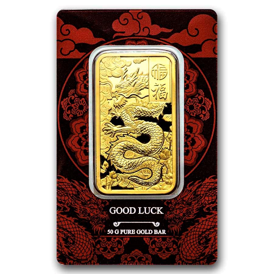 2025 50 gram Gold Bar – PAMP Good Luck Yellow Dragon (Assay)