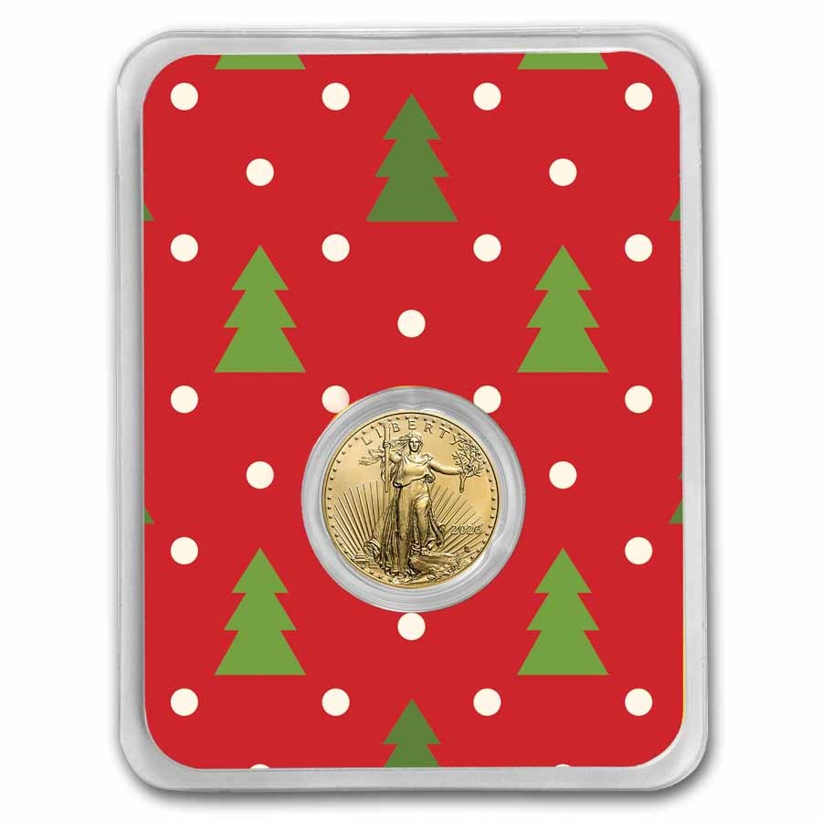 2026 1/10 oz American Gold Eagle - w/Red Christmas Trees Card