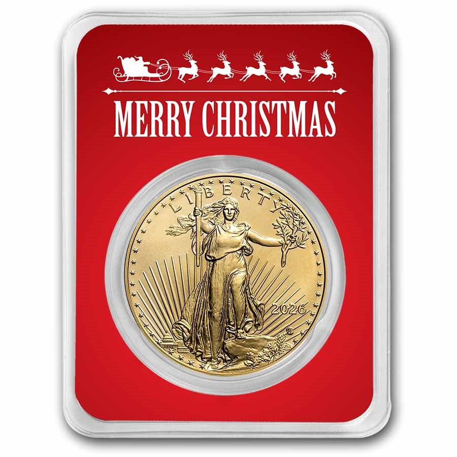 2026 1 oz American Gold Eagle - w/Red Merry Christmas Card