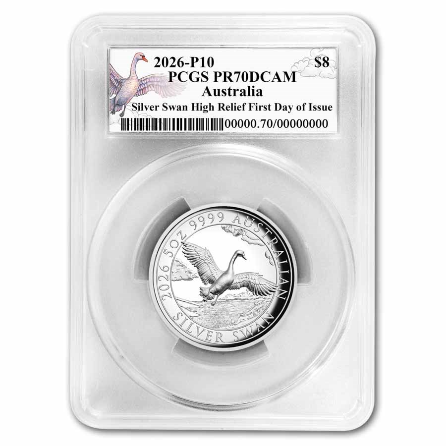 2026 AUS 5 oz Silver Swan PR-70 PCGS DCAM HR FDI, 10th Ann. Label