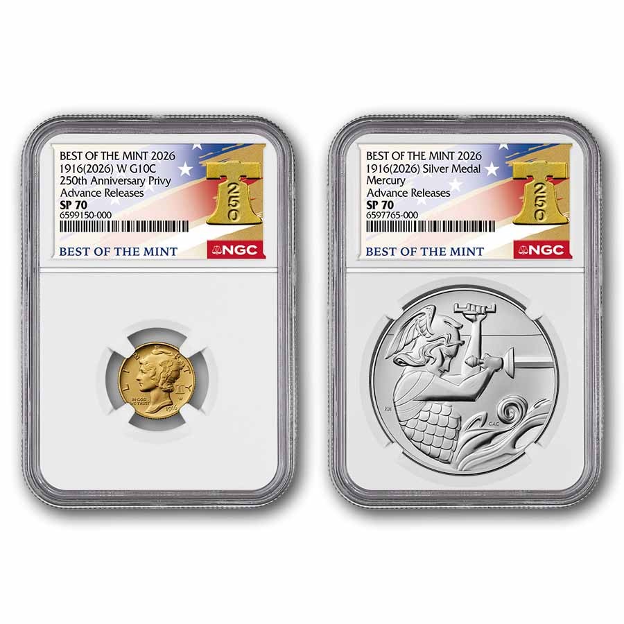 2026 Gold Mercury Coin & Silver Medal Set SP-70 NGC (AR, Bell)