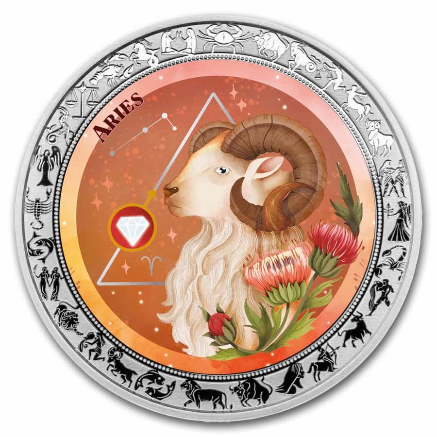 2026 Republic of Ghana 1 oz Silver Zodiac Aquarelle: Aries