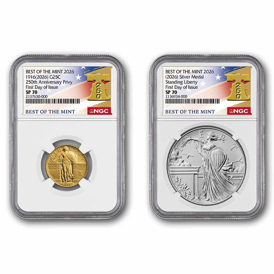 2026 Standing Liberty Coin & Medal Set MS-70 NGC (FDI, Bell)
