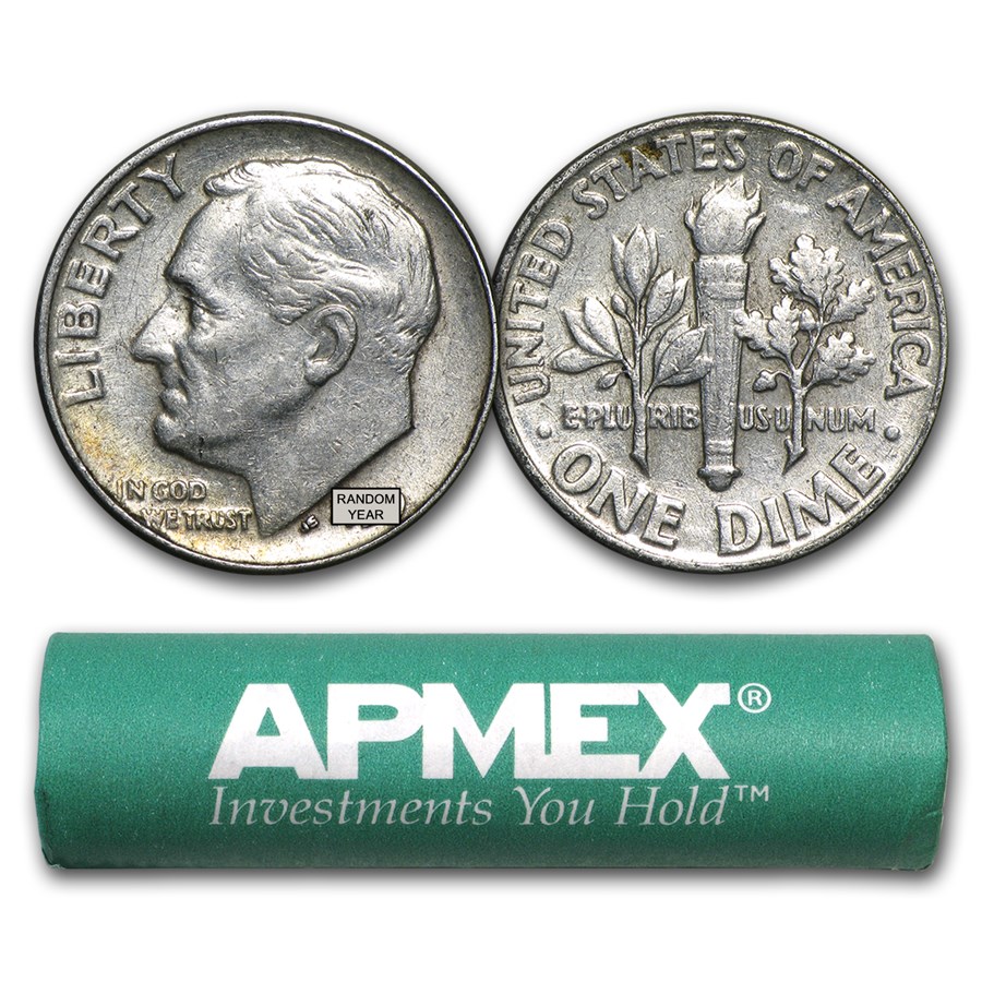 90% Silver Roosevelt Dimes 50-Coin Roll Avg Circ