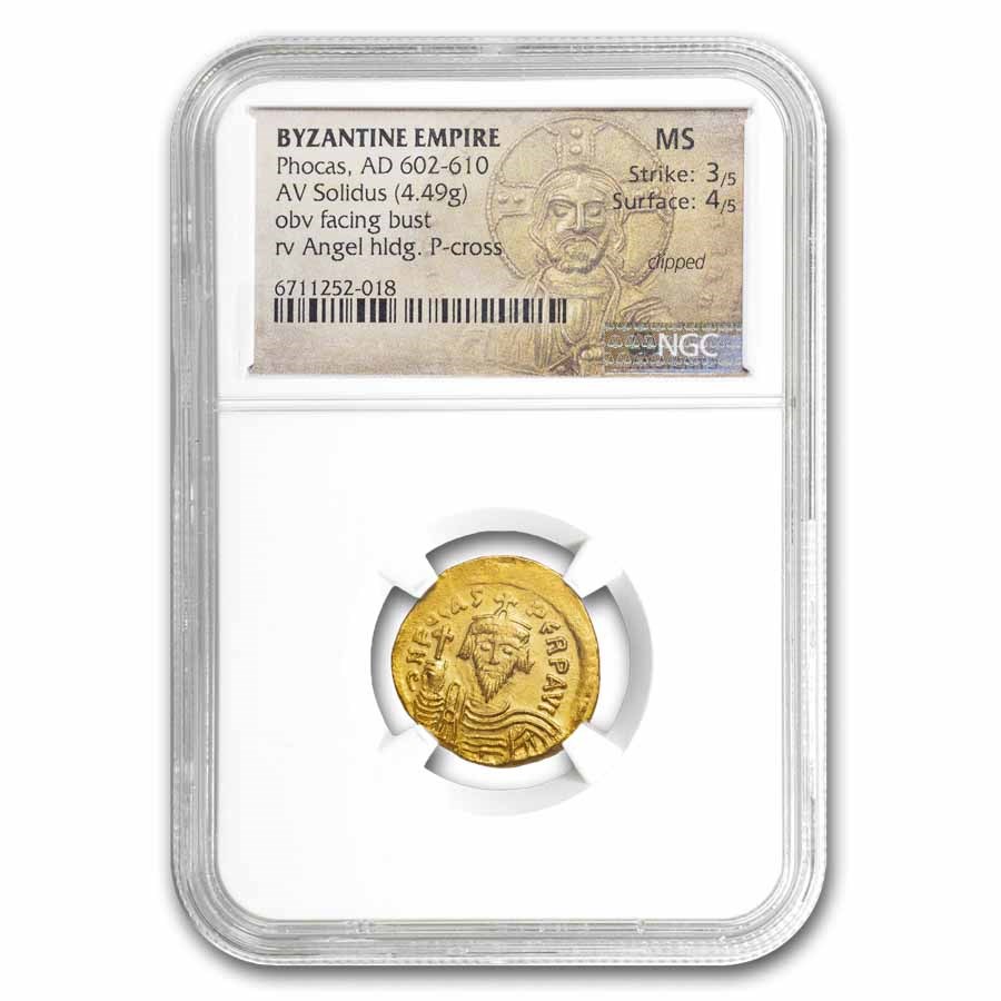 Byzantine Gold Solidus Emperor Phocas (602-610 AD) MS NGC 4/2