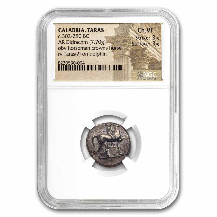 Calabria AR Didrachm Taras on Dolphin (280-240 BC) Ch VF NGC 3/3