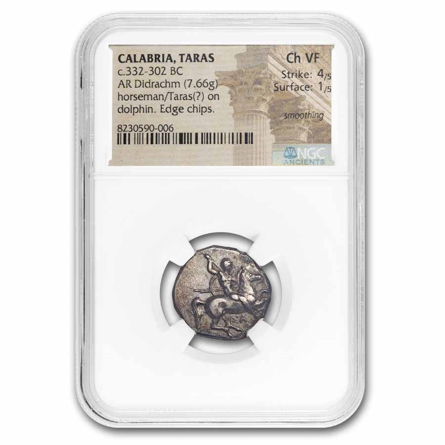 Calabria Taras AR Didrachm Rider & Dolphin (332-302 BC) Ch VF NGC