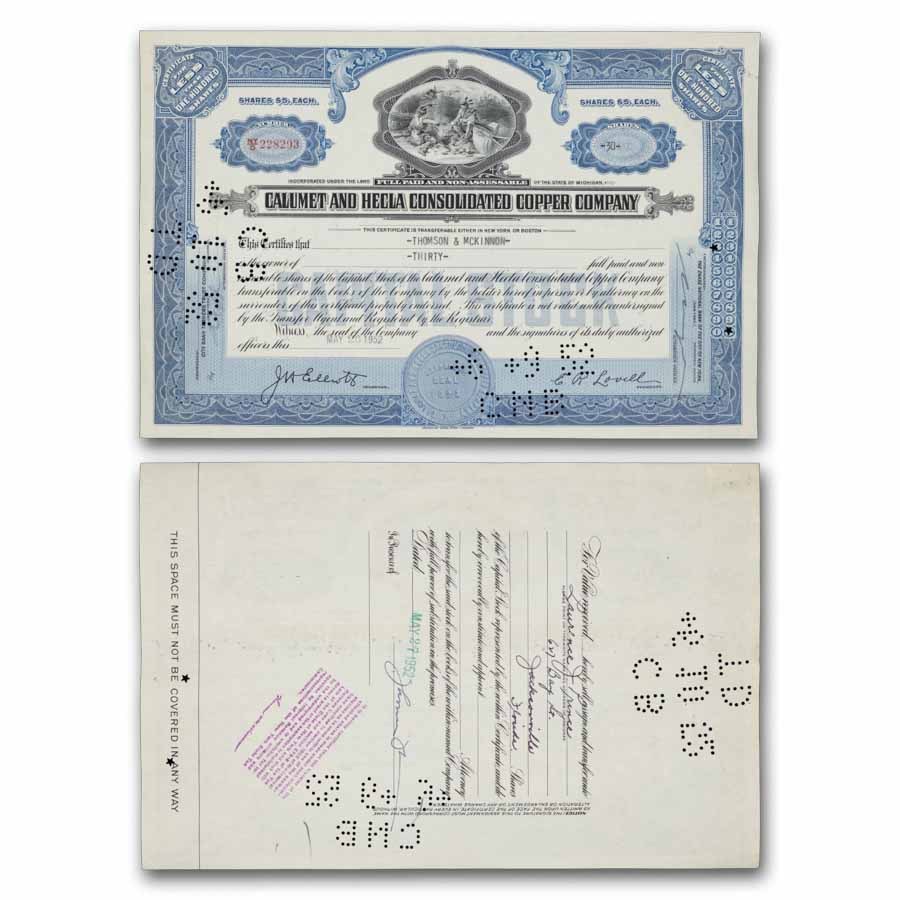 Caulmet and Hecla Consolidated Copper Company Stock Certificate