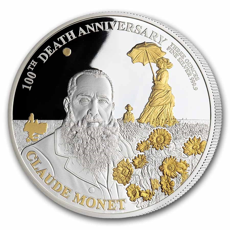 Djibouti 3 oz Silver Claude Monet Gold Plated Coin (w/ Box & COA)