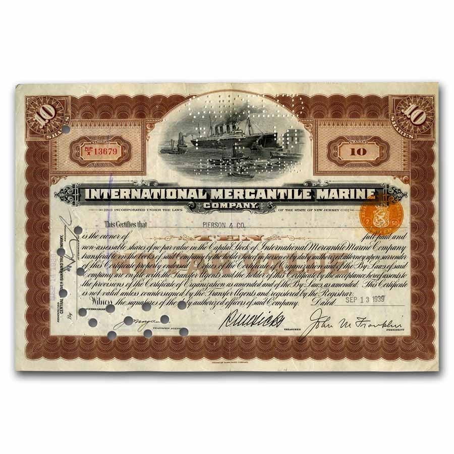 Int. Mercantile Marine Co. "Titanic" Newer Stock Cert (Brown)