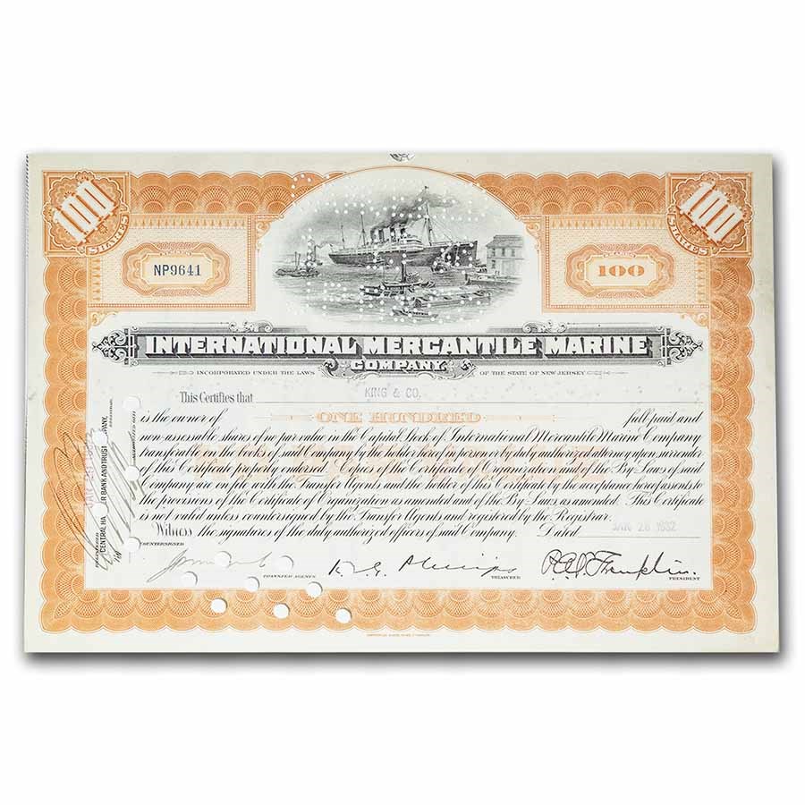 Int. Mercantile Marine Co. "Titanic" Newer Stock Cert (Orange)